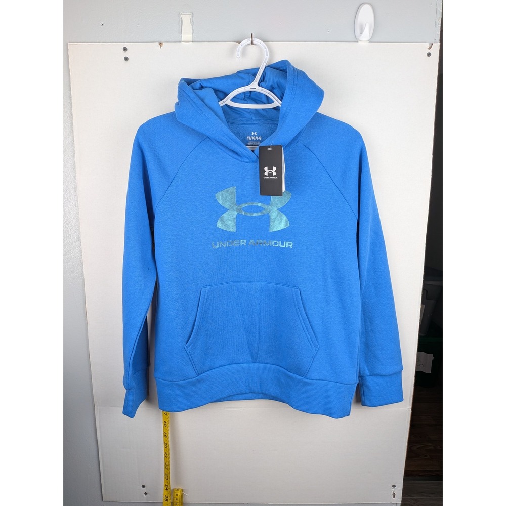 Under Armour Kids Blue Rival Fleece Hoodie Metallic Logo Pullover Size YL NEW